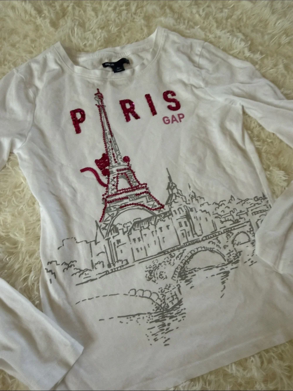 GAP White Long Sleeve Paris Eiffel Tower Tee with Red Accents